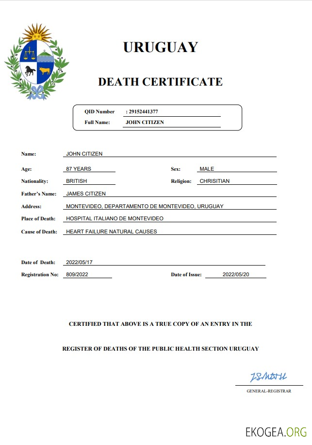 Modèle Word et PDF de certificat de décès en Uruguay